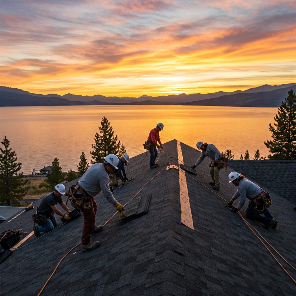Roofing CDA Idaho team on a worksite inspecting a roof in Coeur d'Alene.